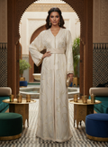 Takchita Marocaine Luxe Femme en Organza Brodé Beige & Doré | BZN Modest Fashion