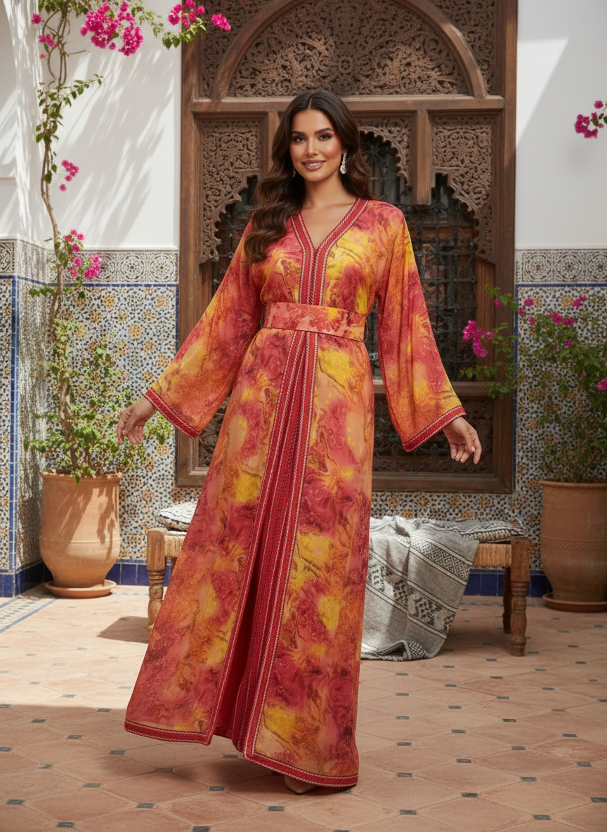 Caftan Luxe Femme Fluide à Broderies Orange | BZN Modest Fashion