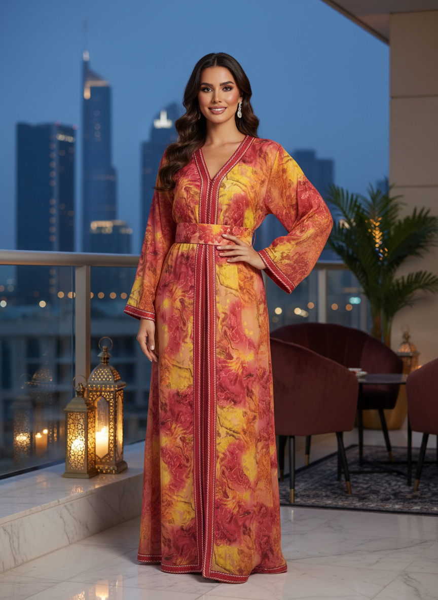 Caftan Luxe Femme Fluide à Broderies Orange | BZN Modest Fashion