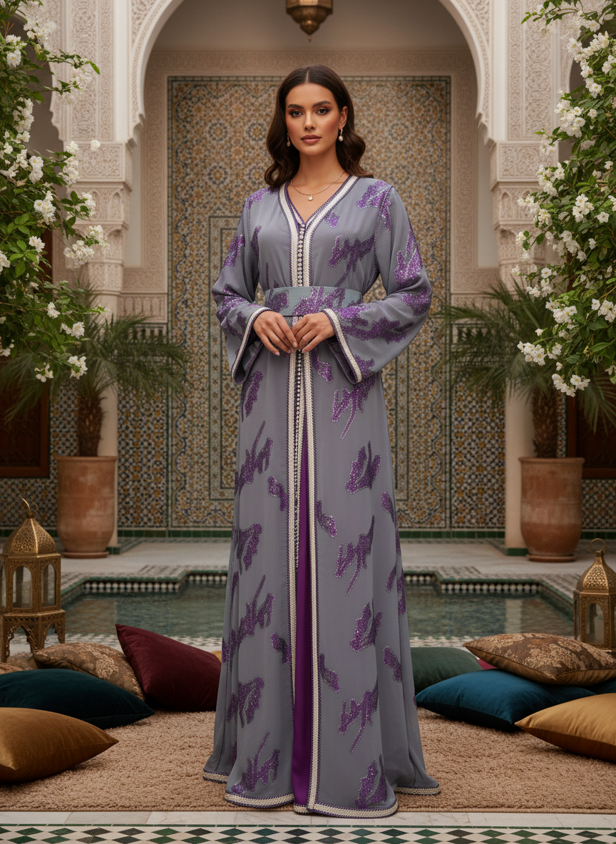Takchita Marocaine Luxe Femme en Organza Brodé Violet & Bleu Clair | BZN Modest Fashion