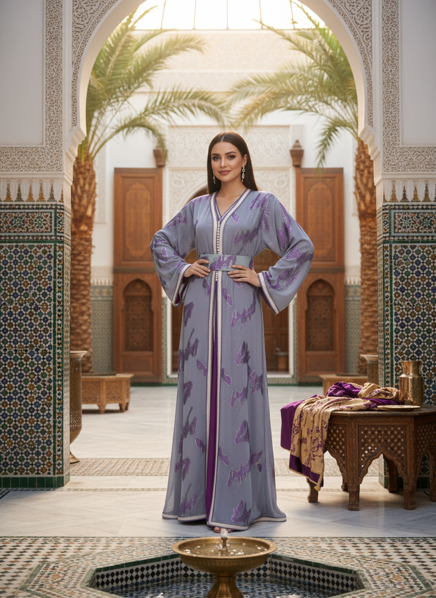 Takchita Marocaine Luxe Femme en Organza Brodé Violet & Bleu Clair | BZN Modest Fashion