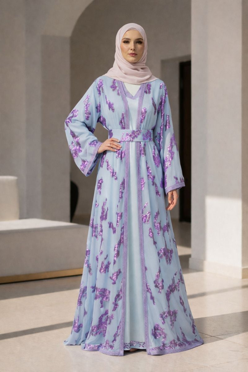 Caftan Luxe Femme en Organza Brodé Violet & Bleu Clair | BZN Modest Fashion