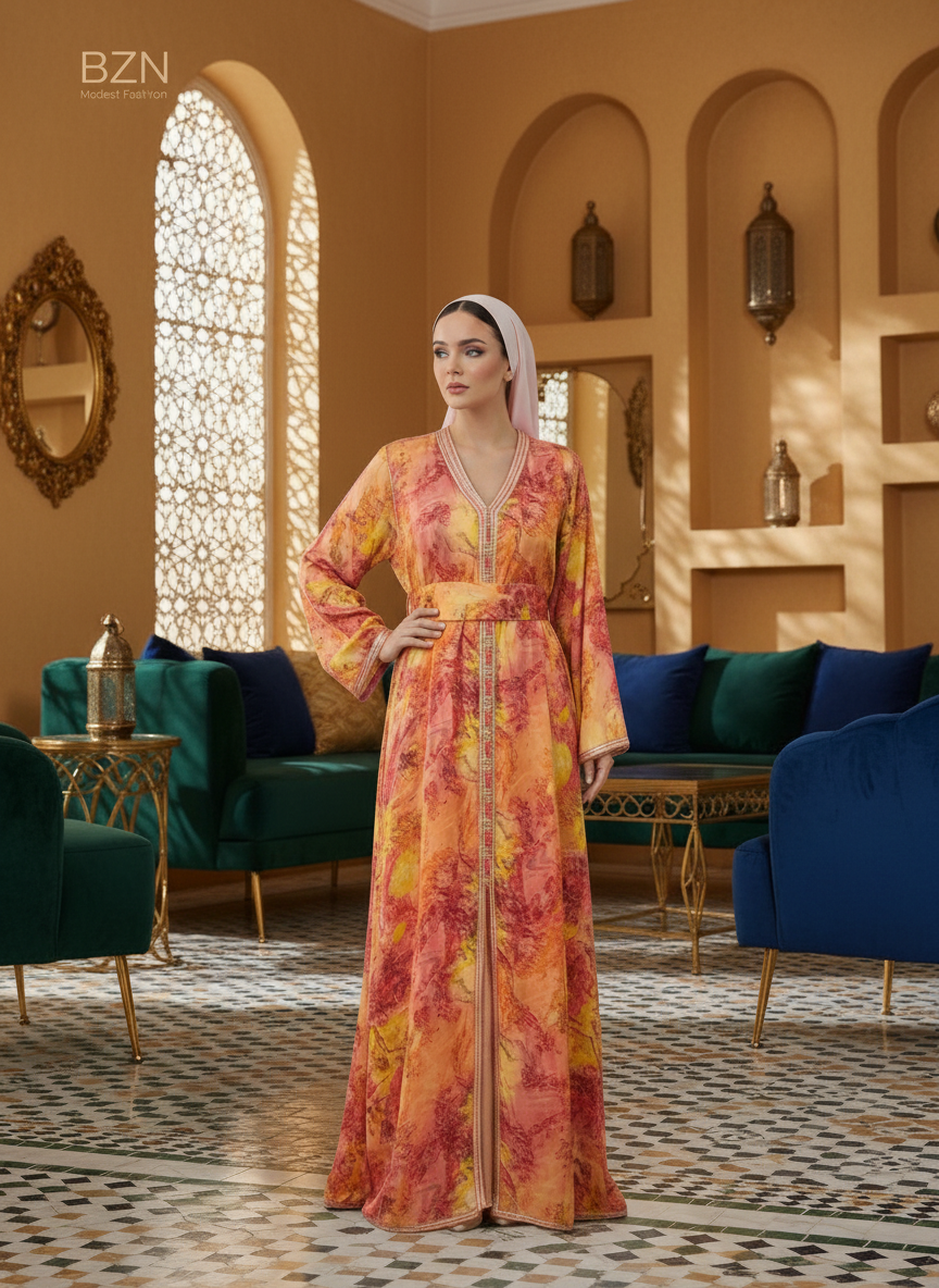 Caftan Luxe Femme Fluide Orange à Broderies Dorées | BZN Modest Fashion
