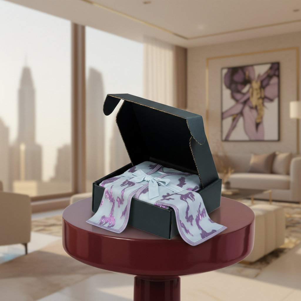 Caftan Luxe Femme en Organza Brodé Violet & Bleu Clair | BZN Modest Fashion