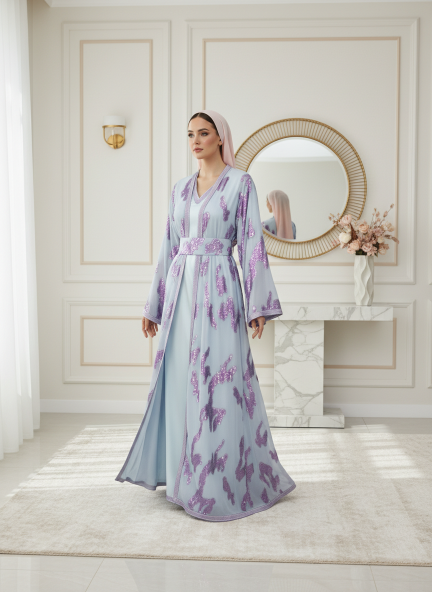 Caftan Luxe Femme en Organza Brodé Violet & Bleu Clair | BZN Modest Fashion