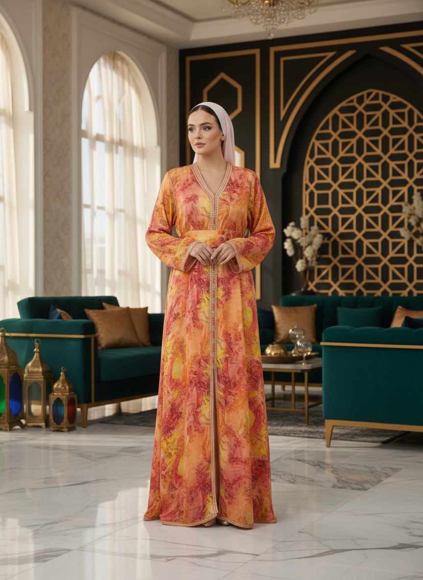Caftan Luxe Femme Fluide Orange à Broderies Dorées | BZN Modest Fashion