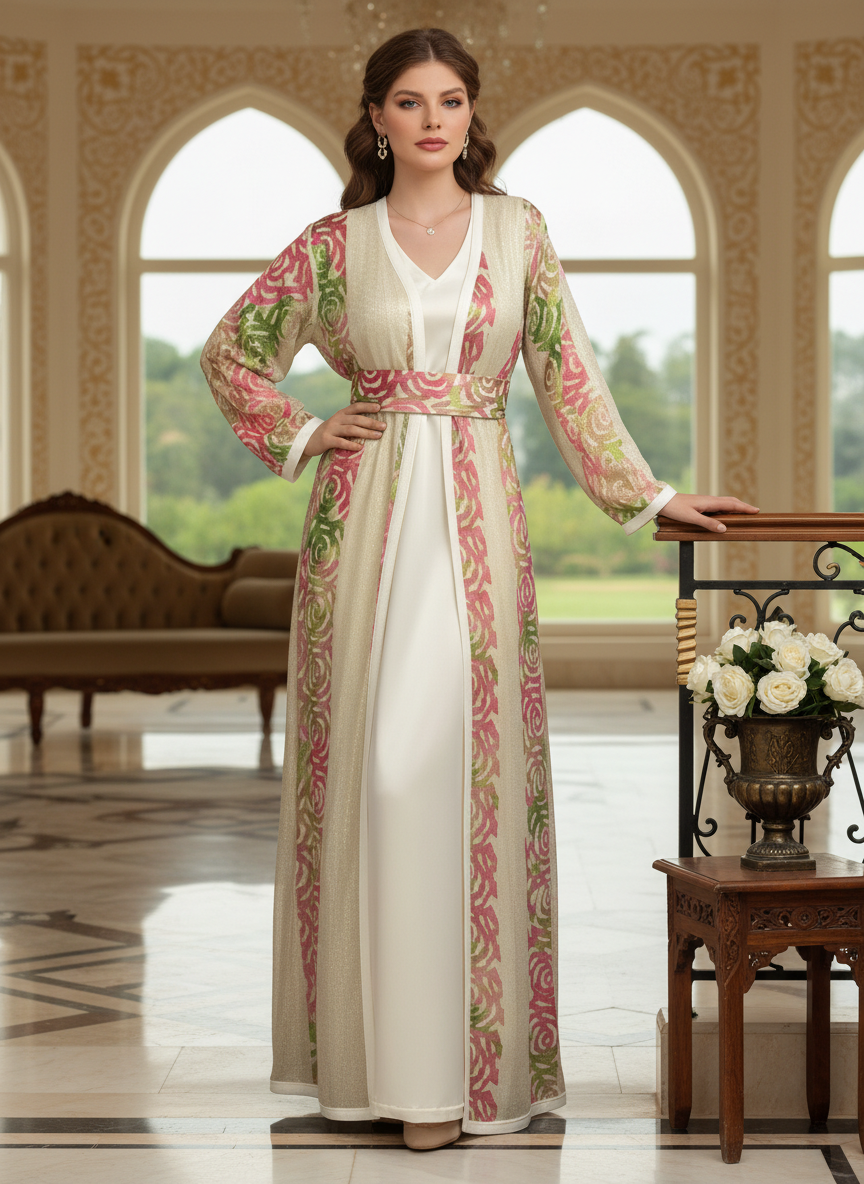 Takchita Marocaine Luxe Femme Brocart Floral Rose & Vert | BZN Modest Fashion