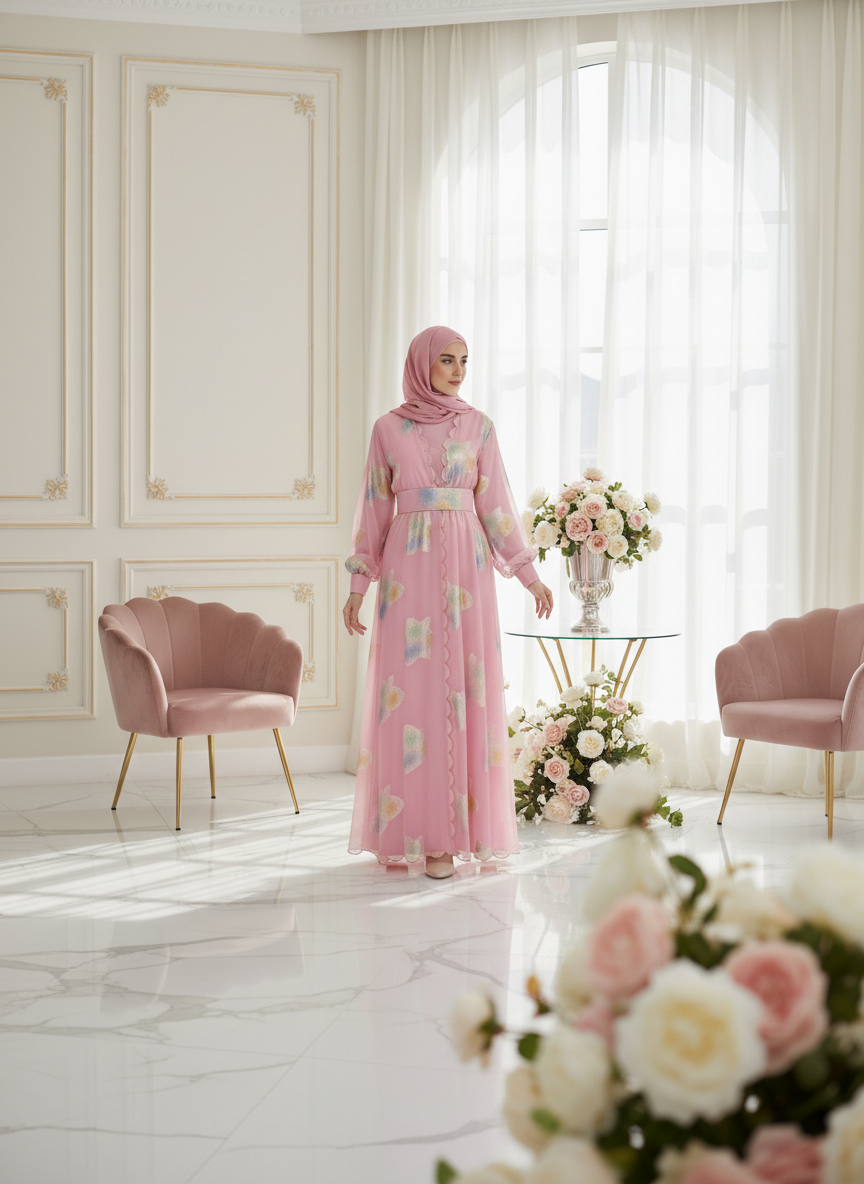 Caftan Moderne Luxe Femme Rose Pâle | BZN Modest Fashion
