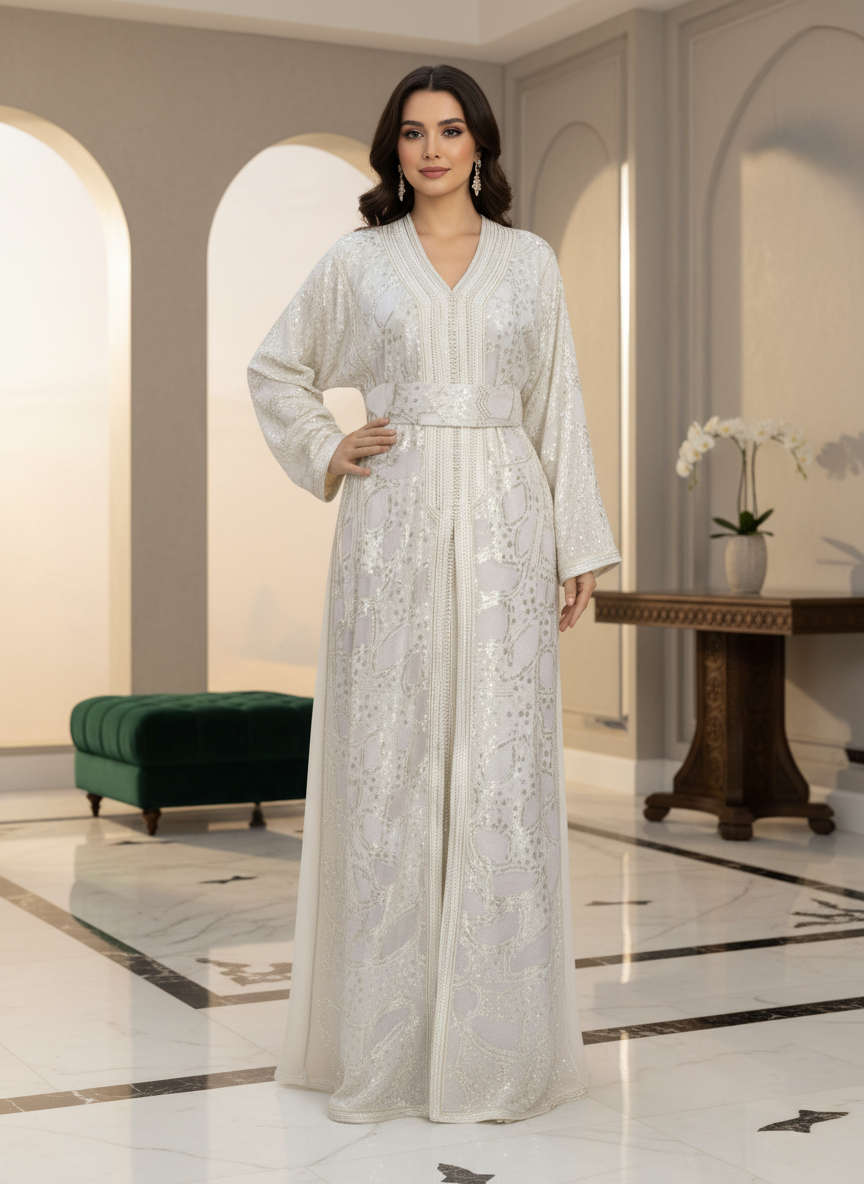 Takchita Marocaine Luxe Femme Dorée – Broderies Artisanales | BZN Modest Fashion