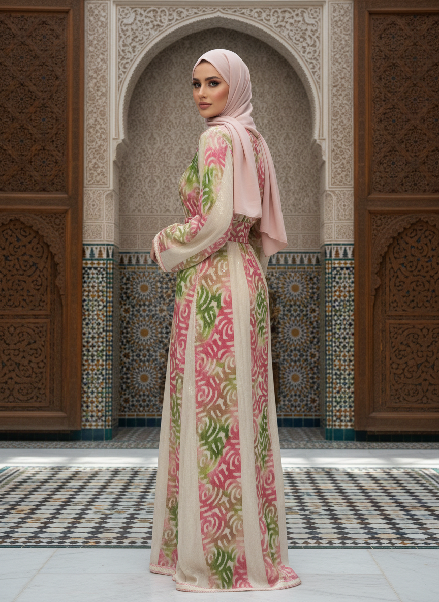 Caftan Marocain Luxe Femme Brocart Floral Rose & Vert | BZN Modest Fashion