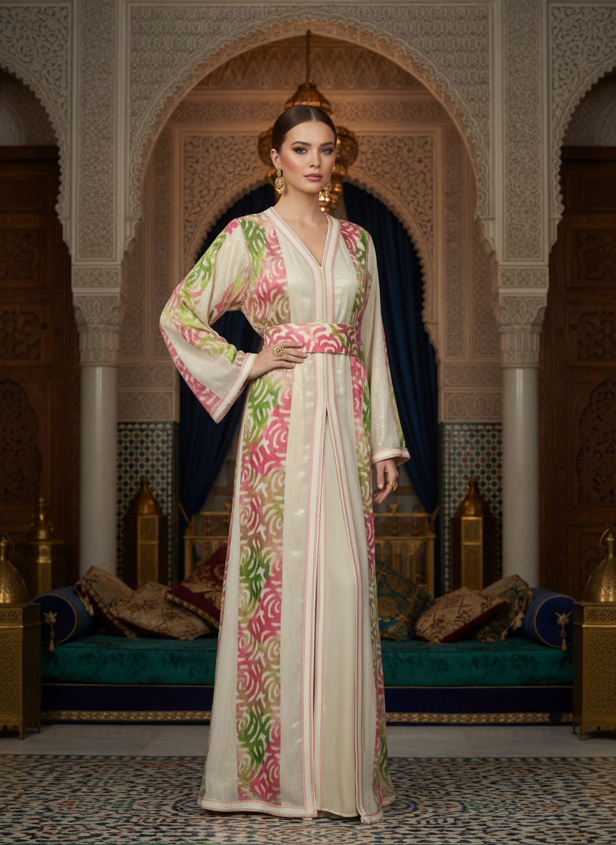 Caftan Marocain Luxe Femme Brocart Floral Rose & Vert | BZN Modest Fashion