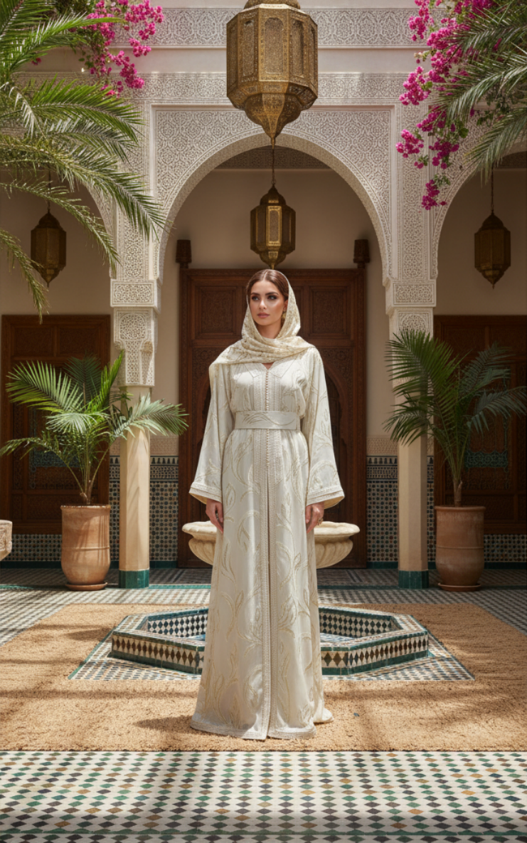 Takchita Marocaine Luxe Femme en Organza Brodé Beige & Doré | BZN Modest Fashion